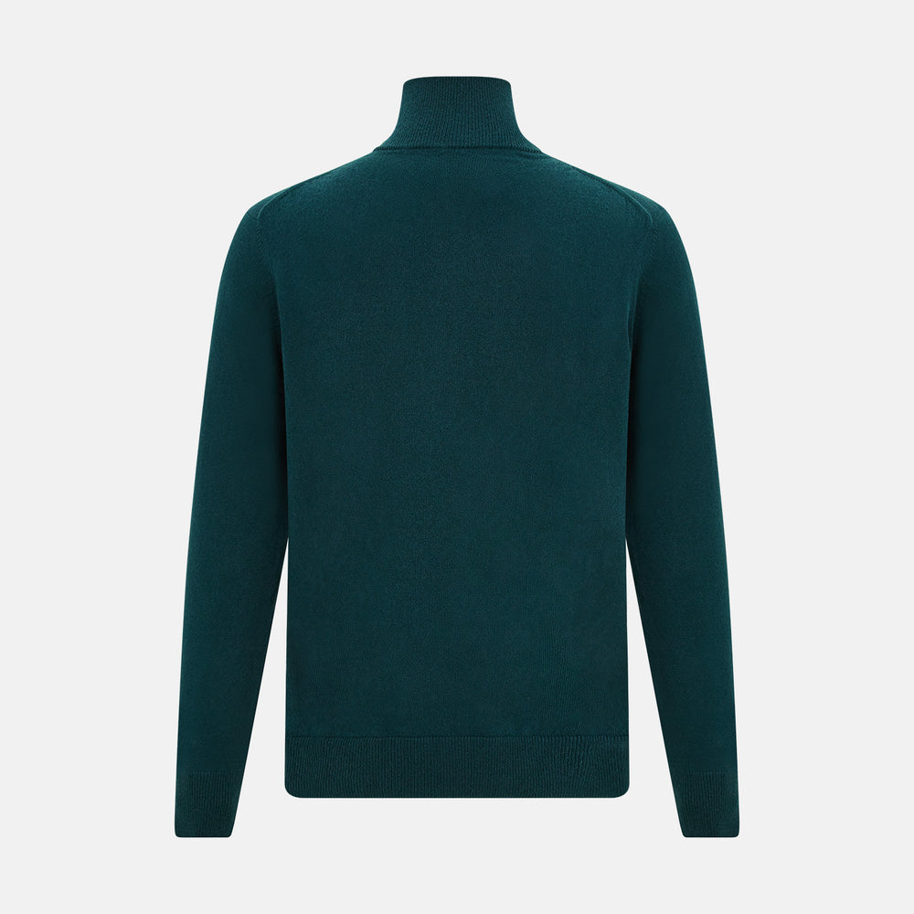 The Turnbull & Asser Hunter Green Half-Zip Cashmere Jumper is a classic knitwear pullover with long sleeves, a high mock neck, half-zip closure, and ribbed cuffs and hem, shown against a plain white background.