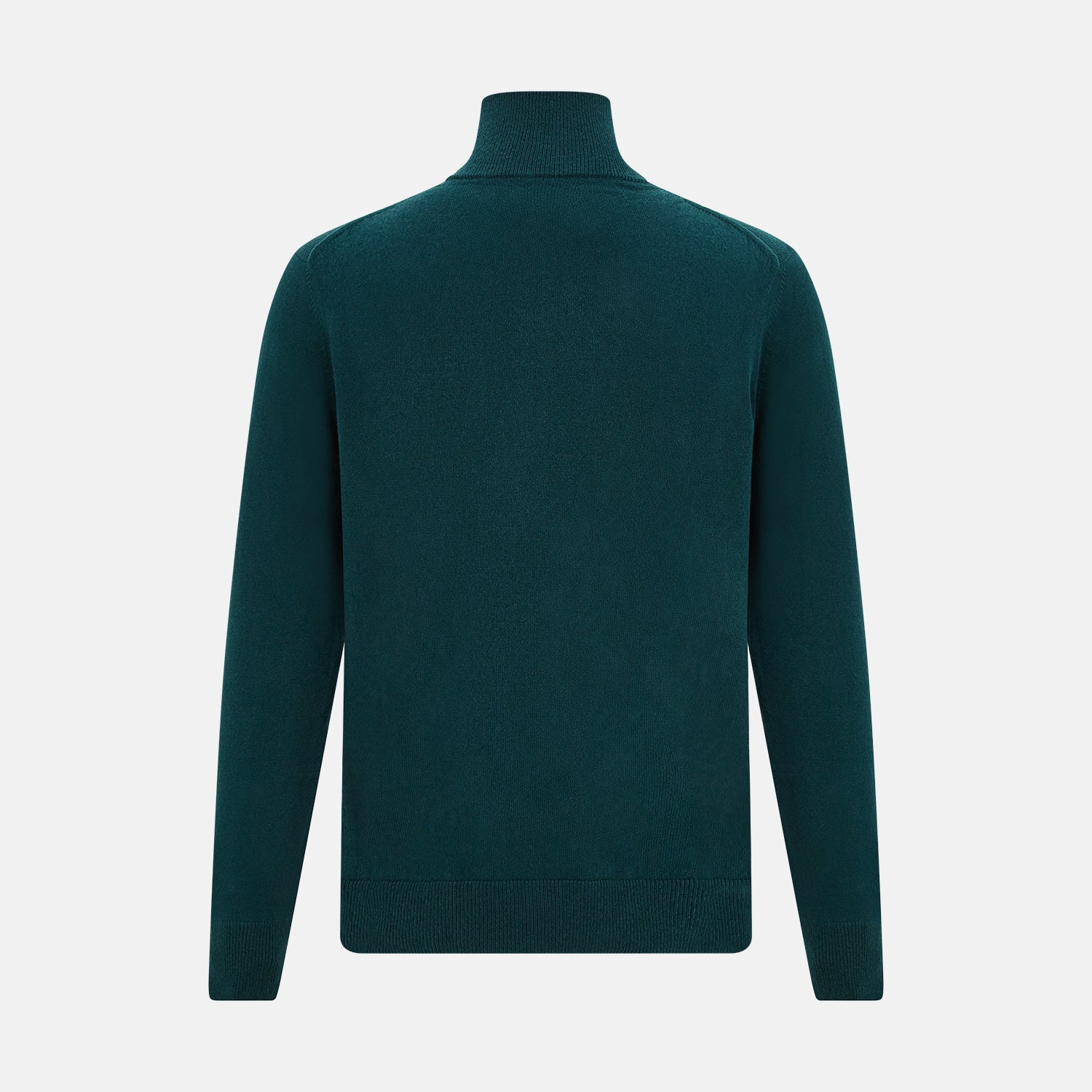 View 3 of product The Turnbull & Asser Hunter Green Half-Zip Cashmere Jumper is a classic knitwear pullover with long sleeves, a high mock neck, half-zip closure, and ribbed cuffs and hem, shown against a plain white background.