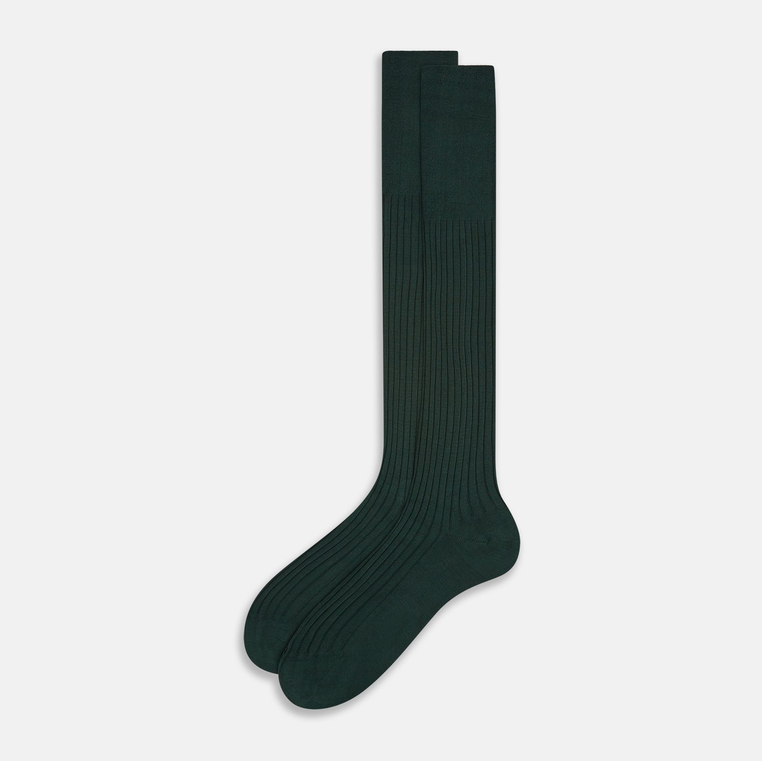 View 2 of product The Turnbull & Asser Olive Long Socks, featuring a ribbed texture, are shown over the calf on a plain white background—a refined addition to any men’s dress sock collection.