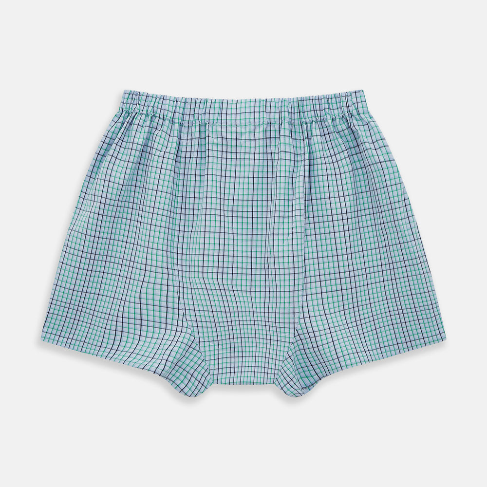 The Pale Blue And Green Multi Check Godfrey Boxer Shorts by Turnbull & Asser feature Italian cotton, an elastic waistband, and a grid of multicolored checks. These luxury men's boxers are shown laid flat on a white background.