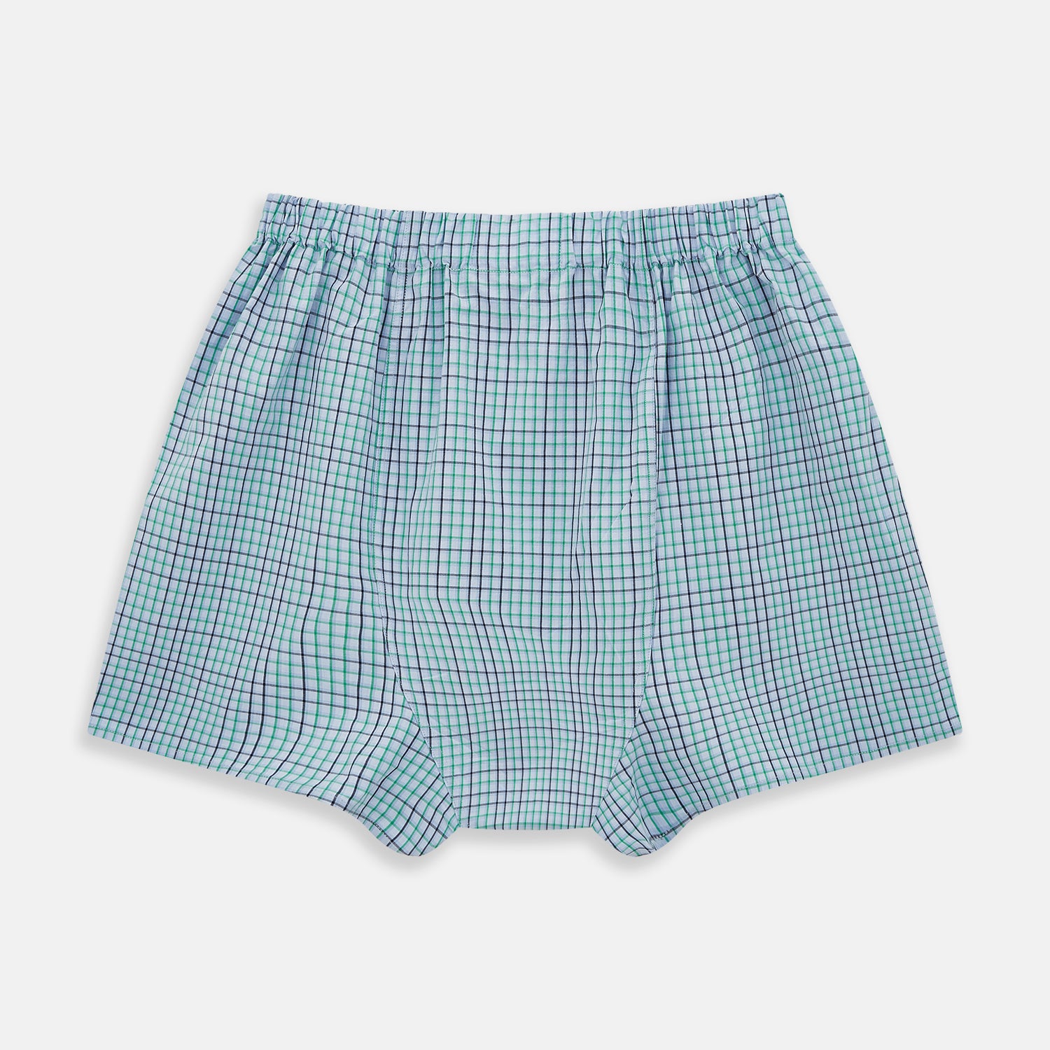 View 5 of product The Pale Blue And Green Multi Check Godfrey Boxer Shorts by Turnbull & Asser feature Italian cotton, an elastic waistband, and a grid of multicolored checks. These luxury men's boxers are shown laid flat on a white background.