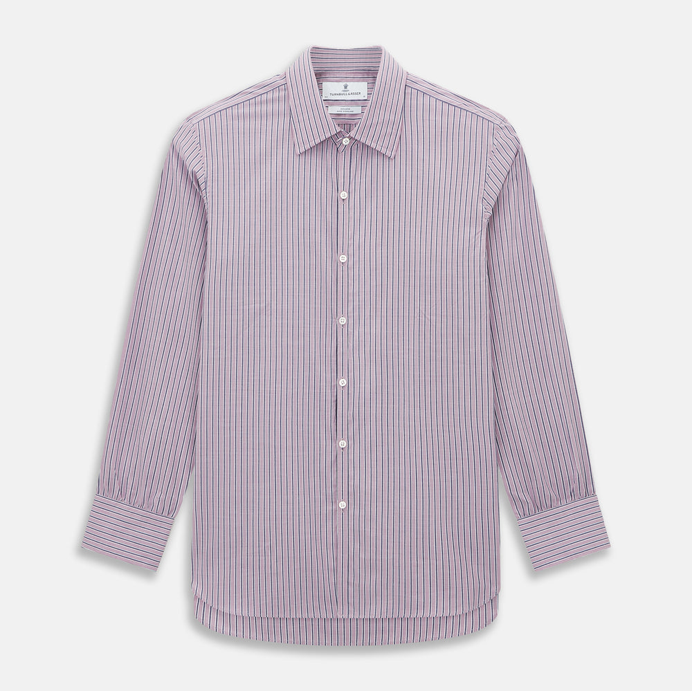 The Turnbull & Asser Antique Pink Ticking Stripe Westminster Shirt is a collared, long-sleeve button-up with thin vertical pink stripes on white, highlighting British craftsmanship. It’s shown neatly laid flat and fully buttoned.