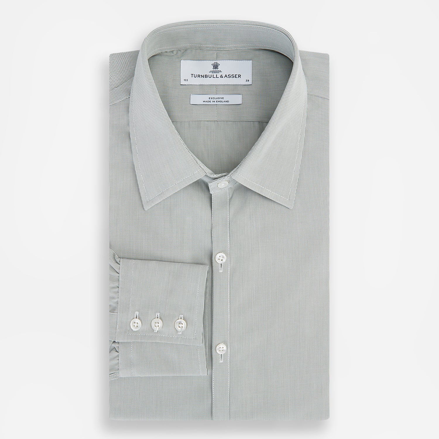 View 5 of product A dark green micro graph check Westminster shirt by Turnbull & Asser, featuring fine British craftsmanship, a Turnbull collar, and white buttons, is laid flat on a white background.