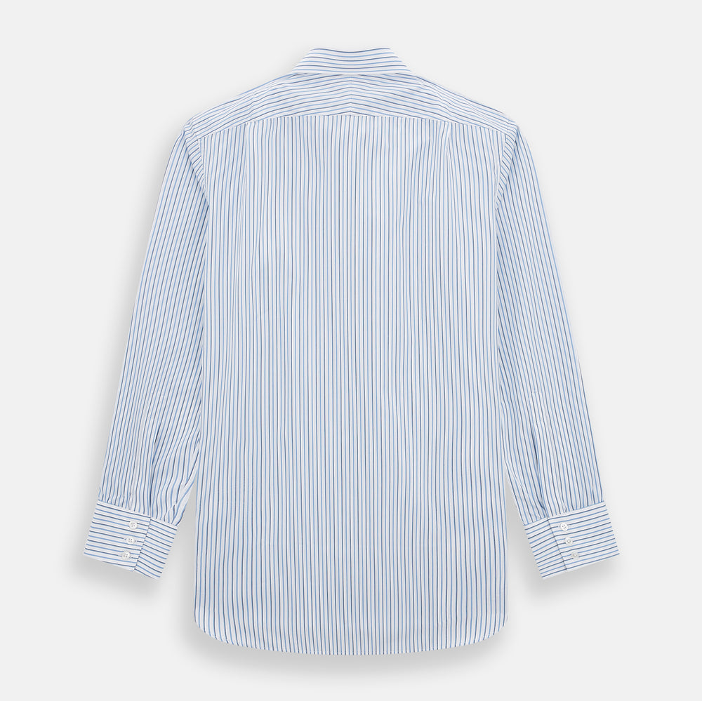 The Blue and Navy Double Stripe Mayfair Shirt by Turnbull & Asser features a classic T&A collar and thin blue stripes on a white background, displayed against a plain white surface.