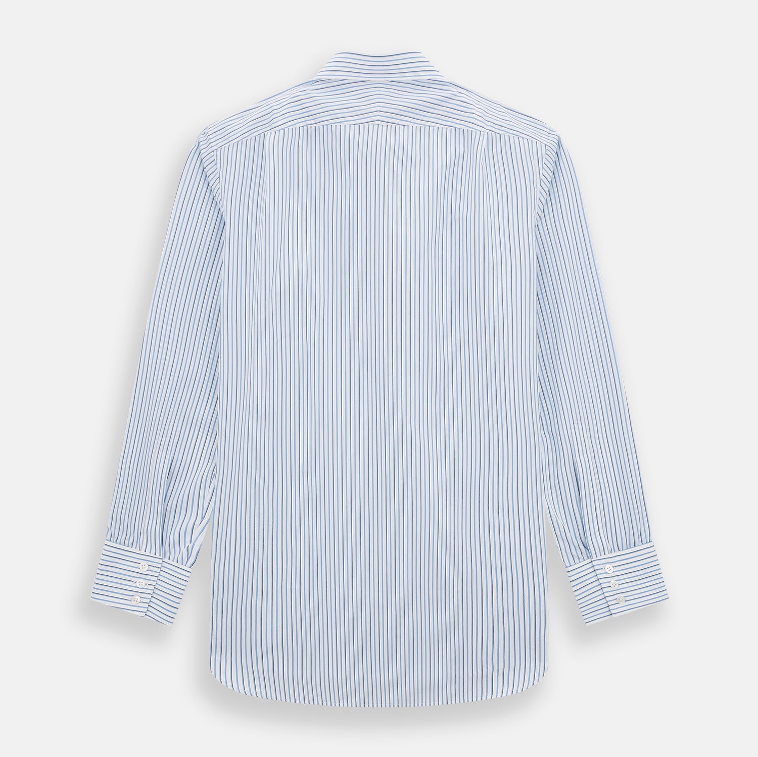View 3 of product The Blue and Navy Double Stripe Mayfair Shirt by Turnbull & Asser features a classic T&A collar and thin blue stripes on a white background, displayed against a plain white surface.