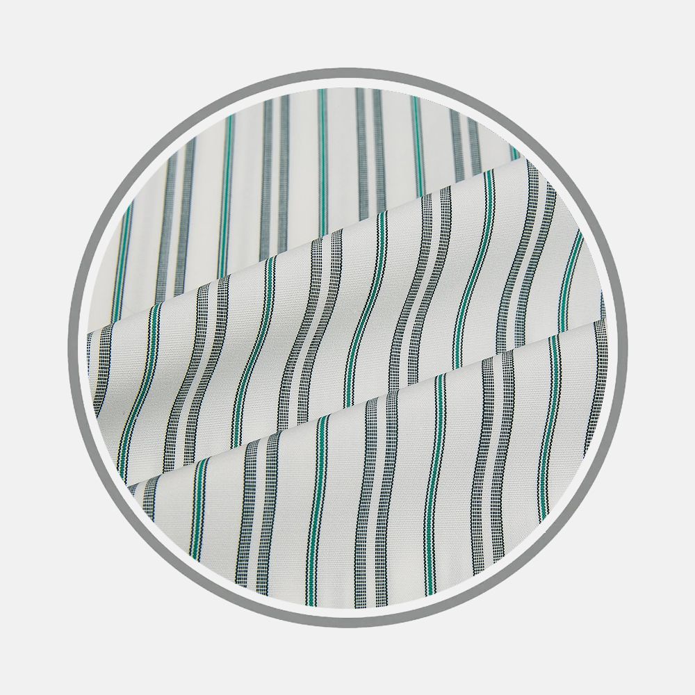 Close-up of Turnbull & Asser's Forest Green Multi Stripe Fabric, featuring vertical blue, green, and gray stripes on smooth white material, displayed within a circular frame.