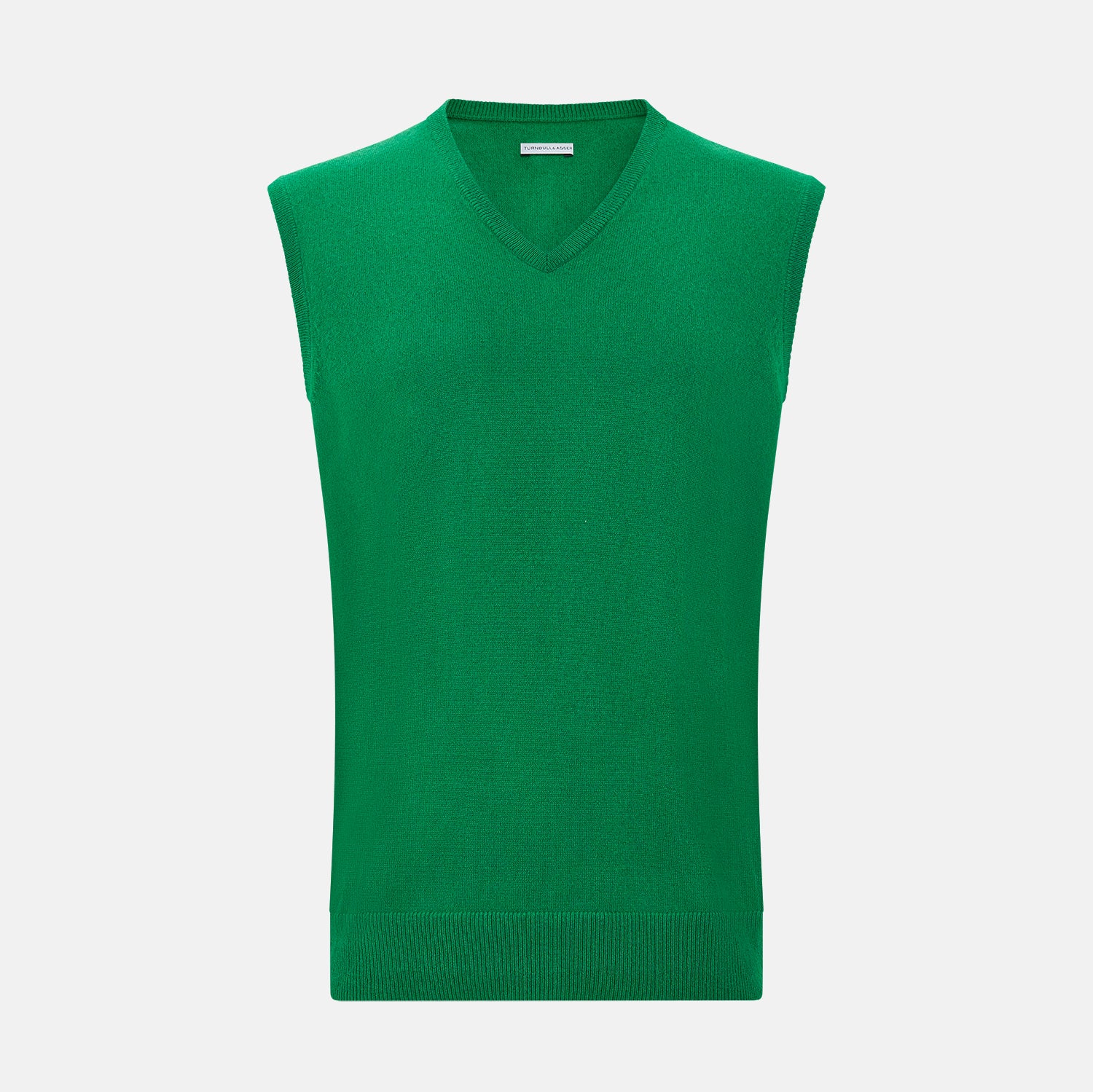 View 1 of product The Turnbull & Asser Grass Green Cashmere V-Neck Vest is shown against a plain white background, offering a refined choice for a distinguished ensemble.