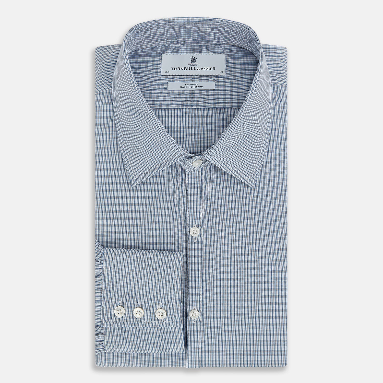 View 5 of product The Turnbull & Asser Blue and Brown Micro Shadow Check Westminster Shirt features a refined collar and white buttons, showcasing timeless British craftsmanship.