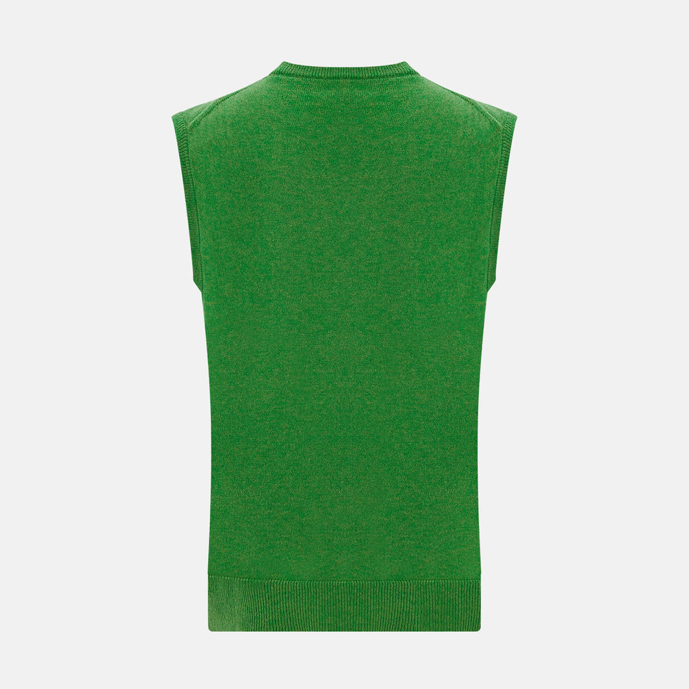 The Turnbull & Asser Grass Green Cashmere Round Neck Vest is a sleeveless knit with ribbed edges, shown here against a plain white background.