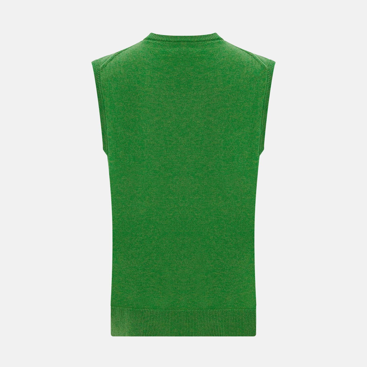 View 3 of product The Turnbull & Asser Grass Green Cashmere Round Neck Vest is a sleeveless knit with ribbed edges, shown here against a plain white background.