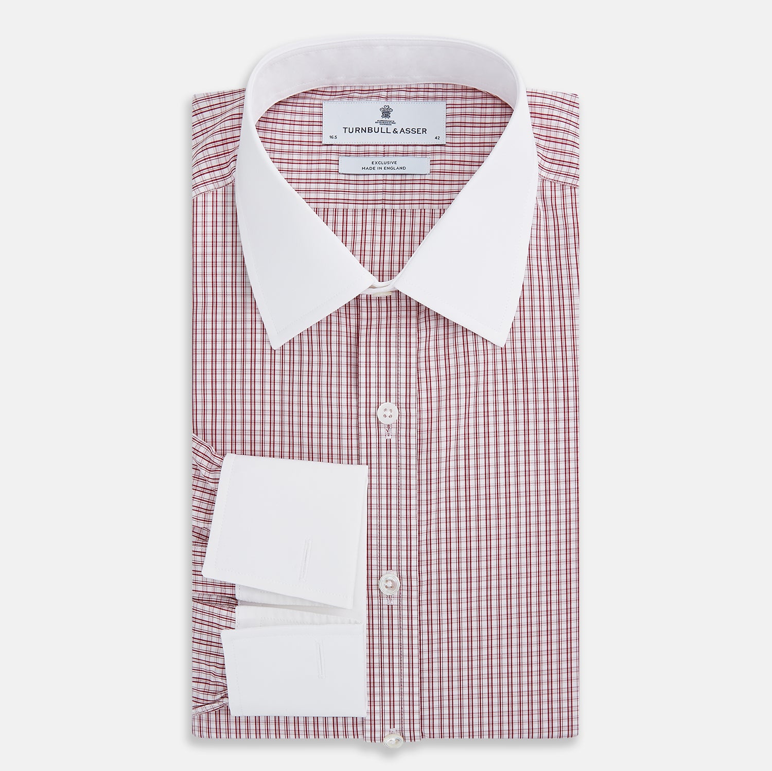 View 5 of product The Turnbull & Asser Red Micro Check Shirt features a crisp white contrast T&A collar and cuffs, crafted in Italian cotton. Timeless style is showcased against a plain white background, inspired by classic Turnbull & Asser designs.