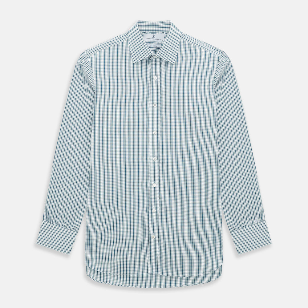 The Turnbull & Asser Light Petrol Micro Tattersall Check Mayfair Shirt features long sleeves, a classic collar, buttoned cuffs, and is crafted from Italian cotton in a refined blue and white check pattern.