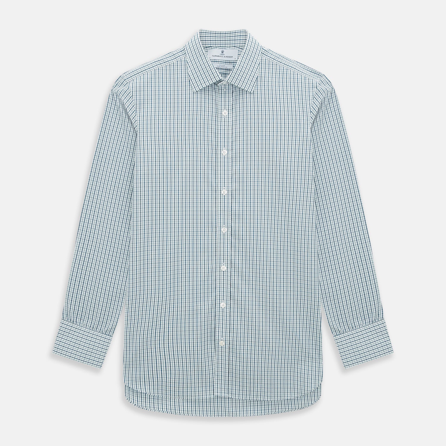 View 1 of product The Turnbull & Asser Light Petrol Micro Tattersall Check Mayfair Shirt features long sleeves, a classic collar, buttoned cuffs, and is crafted from Italian cotton in a refined blue and white check pattern.