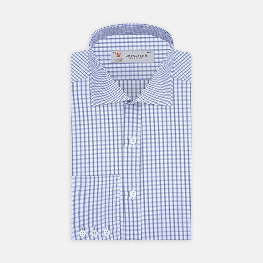 The Turnbull & Asser Blue Grid Check Shirt with Regent Collar and 3-Button Cuffs features white buttons and is neatly folded on a white background.