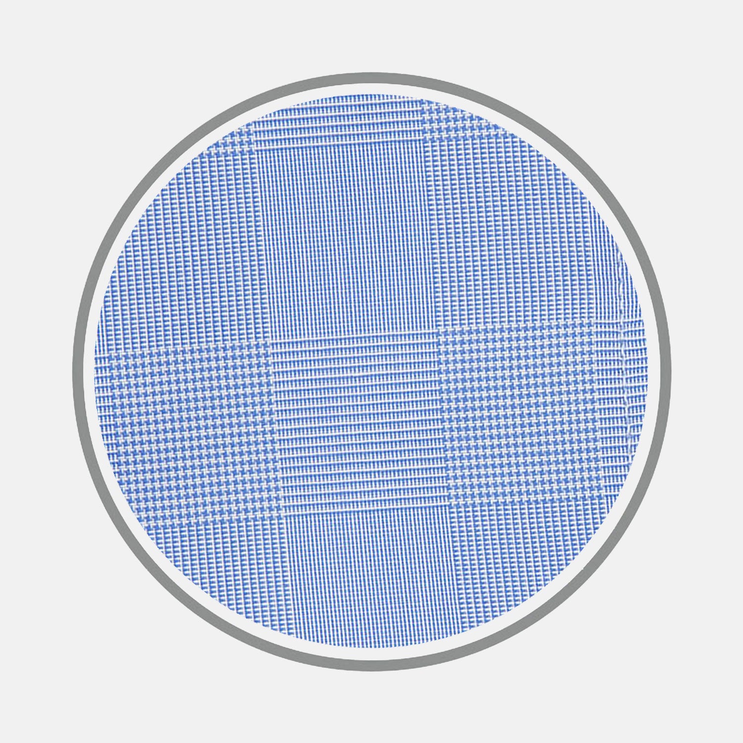 View 1 of product Turnbull & Asser's Blue Prince of Wales Check Cotton Fabric features a circular blue and white Glen plaid design with a gray border on a white background.