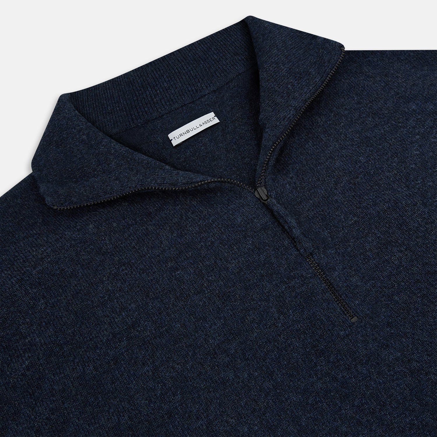 View 2 of product The Turnbull & Asser Navy Melange Half-Zip Cashmere Jumper features long sleeves, a high collar, and a half-zip front, showcased on a plain white background.