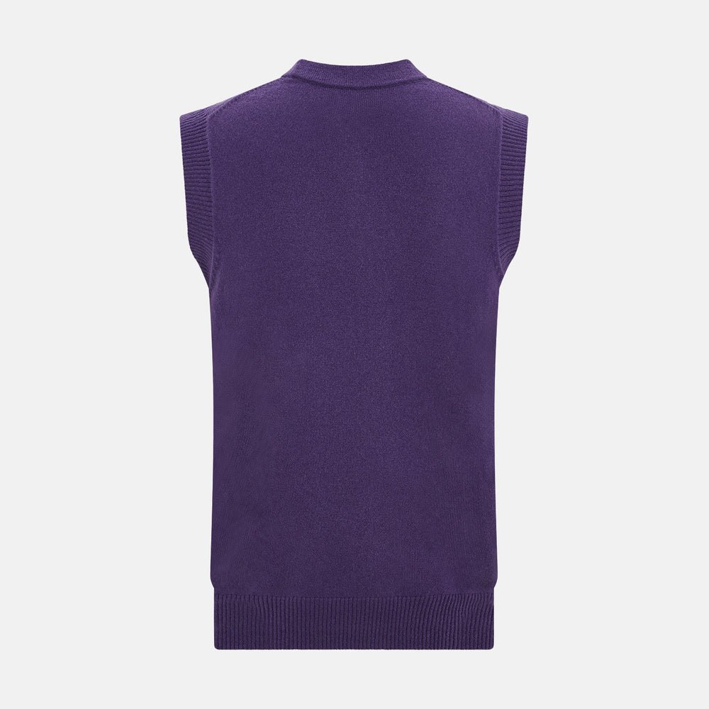 The Turnbull & Asser Purple Cashmere Sleeveless Cardigan features a V-neck, brown buttons, front pockets, and ribbed trim—an elegant, lightweight layer shown against a plain white background.