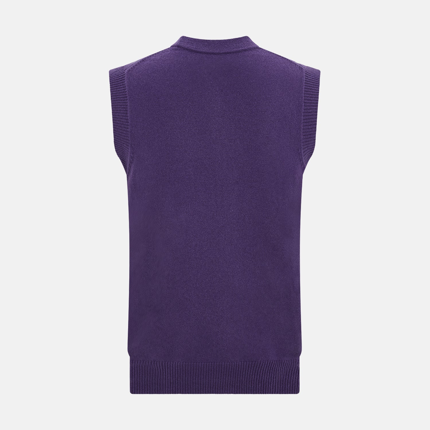 View 3 of product The Turnbull & Asser Purple Cashmere Sleeveless Cardigan features a V-neck, brown buttons, front pockets, and ribbed trim—an elegant, lightweight layer shown against a plain white background.