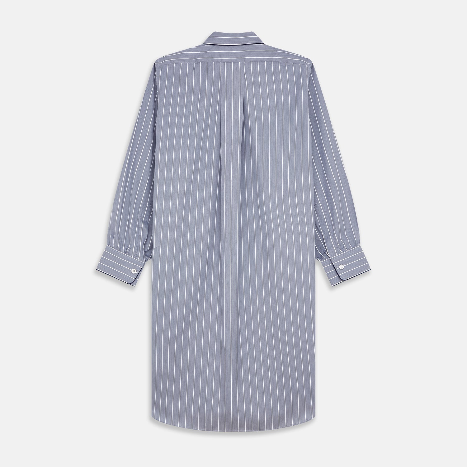 View 5 of product The Turnbull & Asser Pale Blue and White Pinstripe Cotton Blend Sussex Nightshirt pairs classic style with comfort, featuring long sleeves, a collar, front buttons, chest pocket, and curved hemline—perfect for luxury sleepwear.