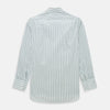 View 3 of product The Forest Green Multi Stripe Mayfair Shirt by Turnbull & Asser features forest green and white vertical stripes, a collar and cuffs, and is crafted from Italian cotton, shown laid flat on a white background.