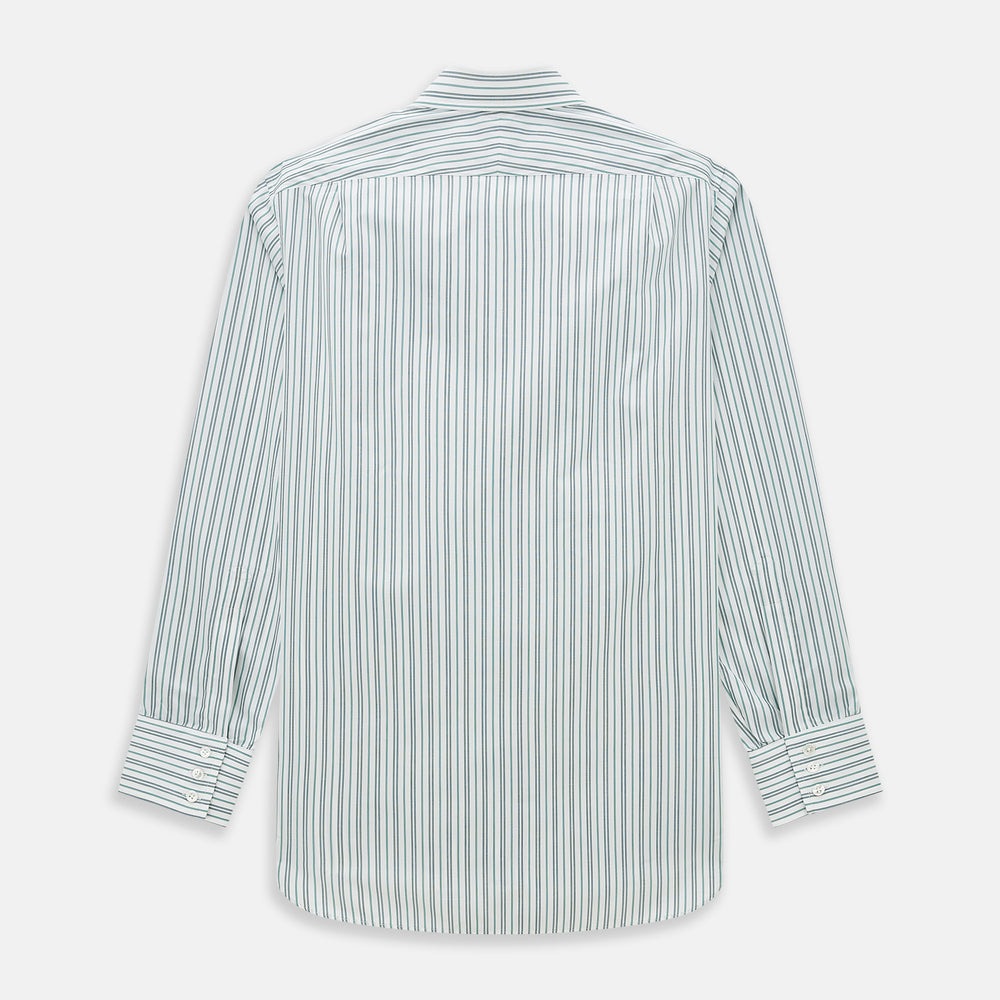 The Forest Green Multi Stripe Mayfair Shirt by Turnbull & Asser features forest green and white vertical stripes, a collar and cuffs, and is crafted from Italian cotton, shown laid flat on a white background.