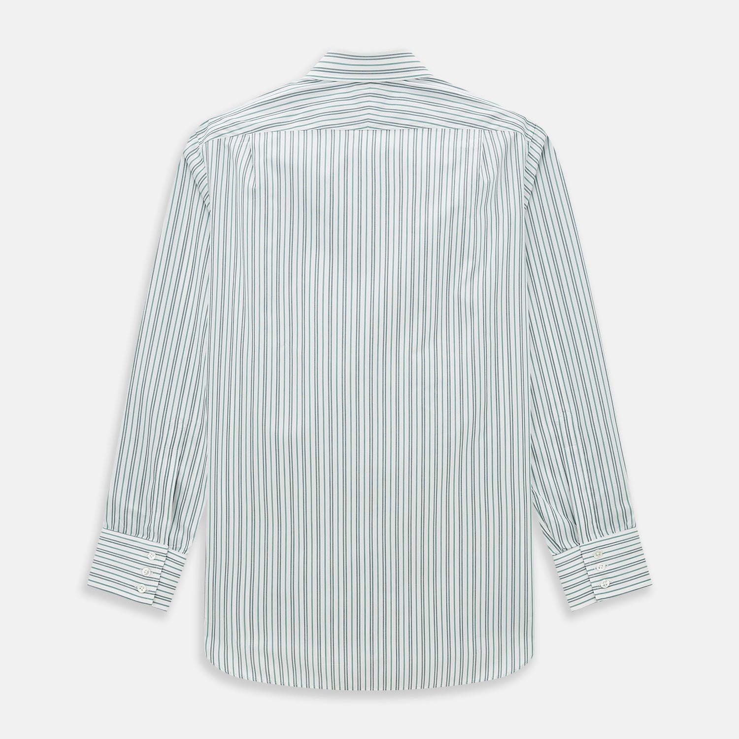 View 3 of product The Forest Green Multi Stripe Mayfair Shirt by Turnbull & Asser features forest green and white vertical stripes, a collar and cuffs, and is crafted from Italian cotton, shown laid flat on a white background.
