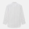 View 3 of product The Purple and Rose Multi Stripe Mayfair Shirt by Turnbull & Asser features thin blue, red, and gray stripes on white, a classic collar, and long sleeves. This British design is displayed on a plain white surface.