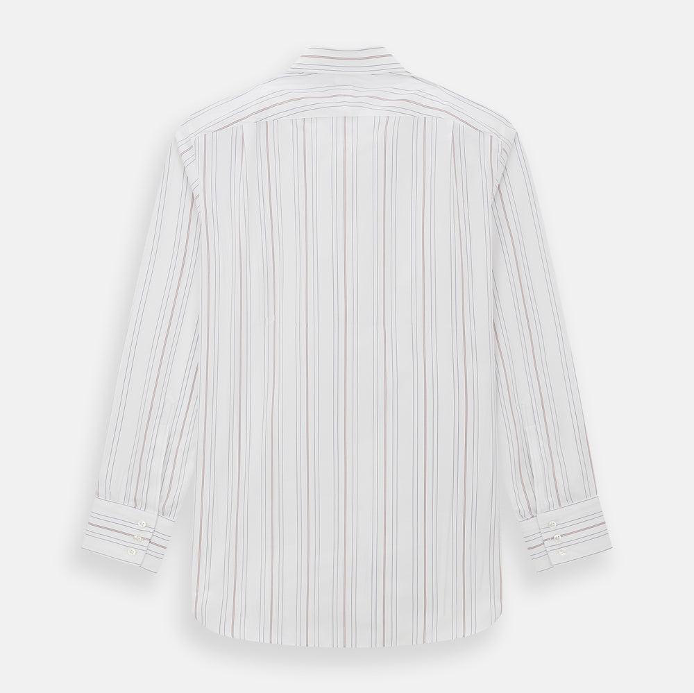 The Purple and Rose Multi Stripe Mayfair Shirt by Turnbull & Asser features thin blue, red, and gray stripes on white, a classic collar, and long sleeves. This British design is displayed on a plain white surface.