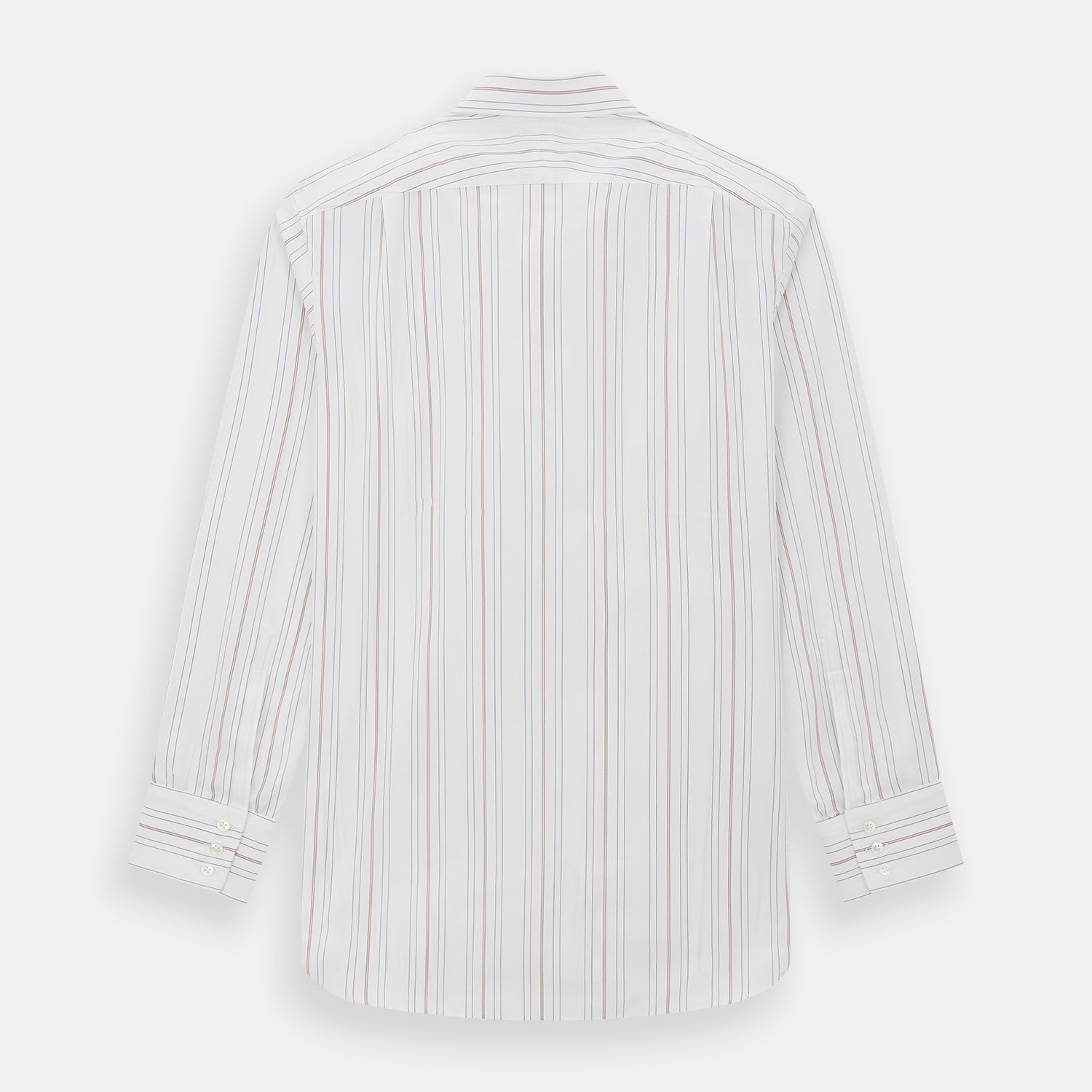View 3 of product The Purple and Rose Multi Stripe Mayfair Shirt by Turnbull & Asser features thin blue, red, and gray stripes on white, a classic collar, and long sleeves. This British design is displayed on a plain white surface.