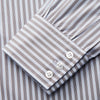 View 3 of product The Turnbull & Asser Pale Blue Multi Stripe Cotton Regular Fit Mayfair Shirt features long sleeves, a pointed collar, buttoned cuffs, and vertical stripes in pale blue tones, displayed against a white background.