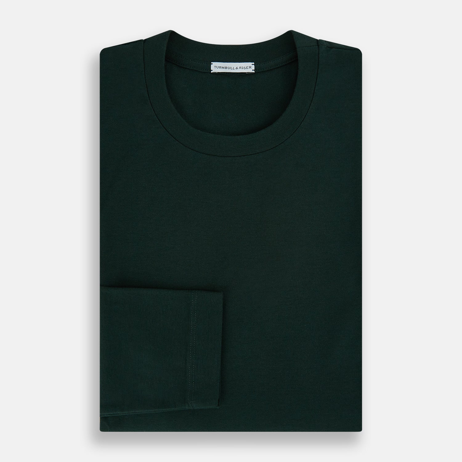 View 5 of product A forest green long-sleeve crewneck t-shirt by Turnbull & Asser is laid flat on a white background, showing the front side with no visible patterns or logos—a timeless, versatile staple.