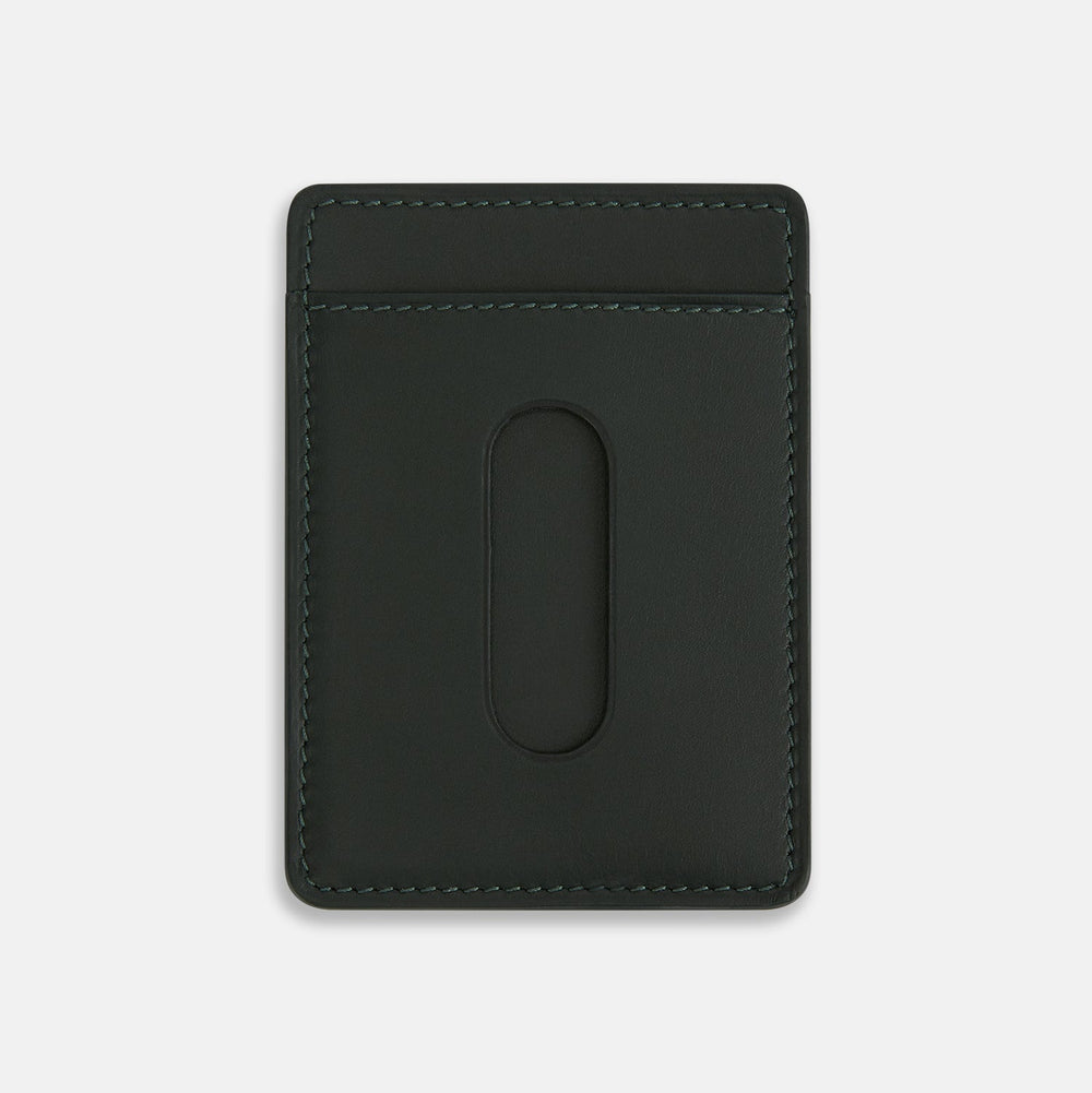 A slim, forest green Italian leather card case with visible stitching and TURNBULL & ASSER in white at the bottom, this minimalist accessory features a refined two-slot design against a plain white background.