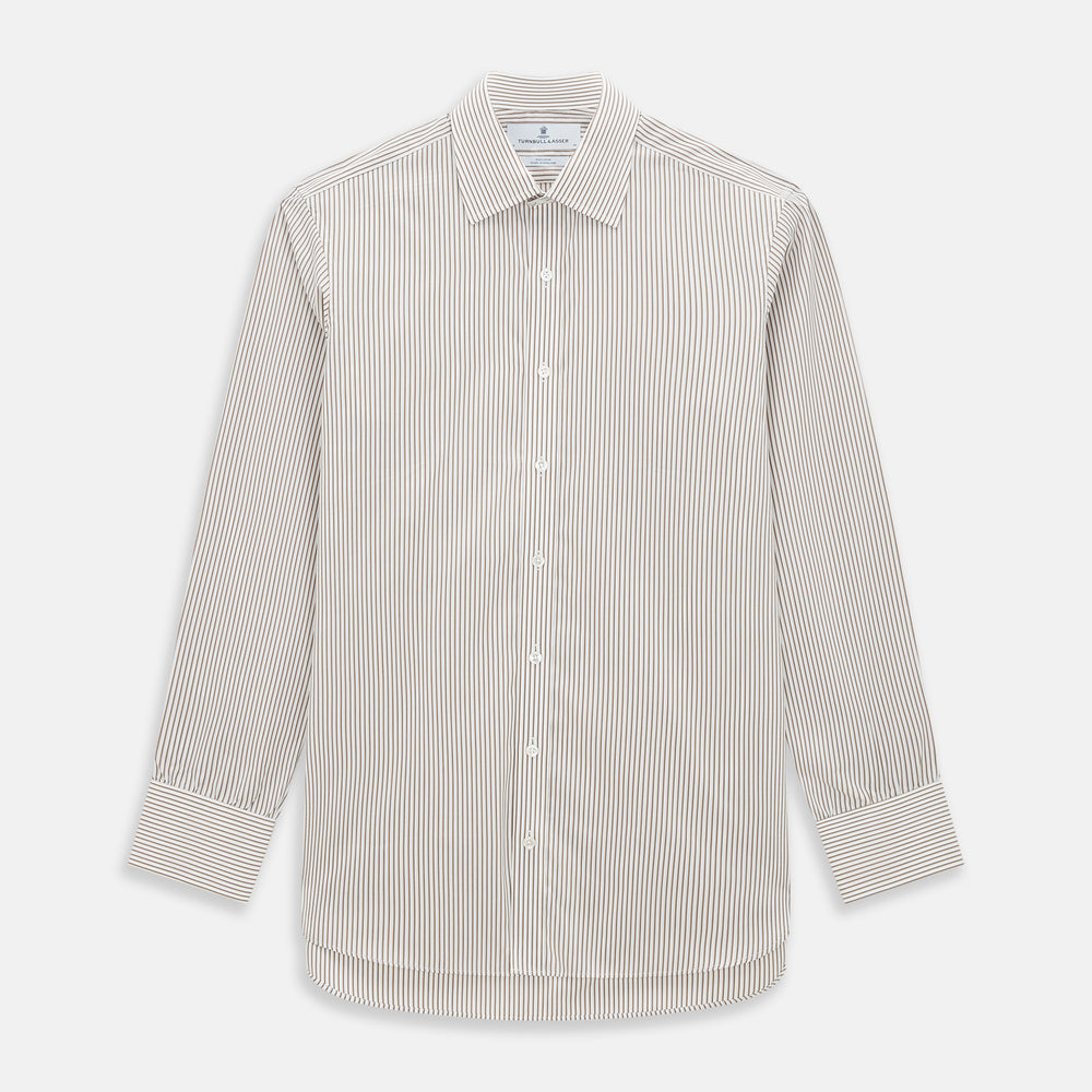 The Coffee Shadow Stripe Mayfair Shirt by Turnbull & Asser is a long-sleeve, button-down style with a T&A collar and fine beige and white stripes, crafted from premium Italian cotton and shown on a white background.