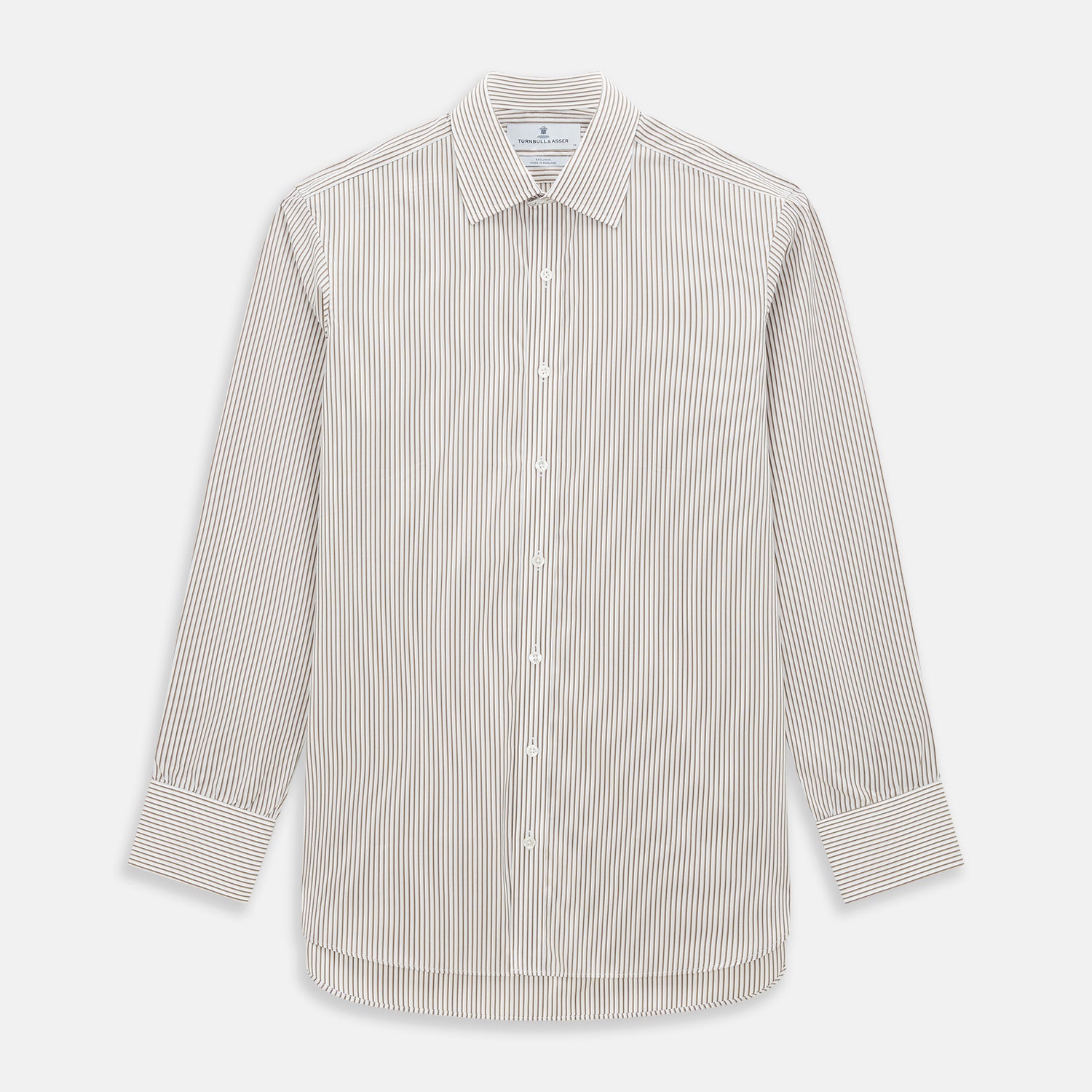 View 1 of product The Coffee Shadow Stripe Mayfair Shirt by Turnbull & Asser is a long-sleeve, button-down style with a T&A collar and fine beige and white stripes, crafted from premium Italian cotton and shown on a white background.