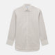 The Coffee Shadow Stripe Mayfair Shirt by Turnbull & Asser is a long-sleeve, button-down style with a T&A collar and fine beige and white stripes, crafted from premium Italian cotton and shown on a white background.