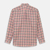 View 5 of product The Turnbull & Asser Red and Green Check Linen Blend Weekend Fit Hayne Shirt features a classic plaid pattern in red, white, black, and green, with a Dorset button-down collar and long sleeves. Displayed on a white background.