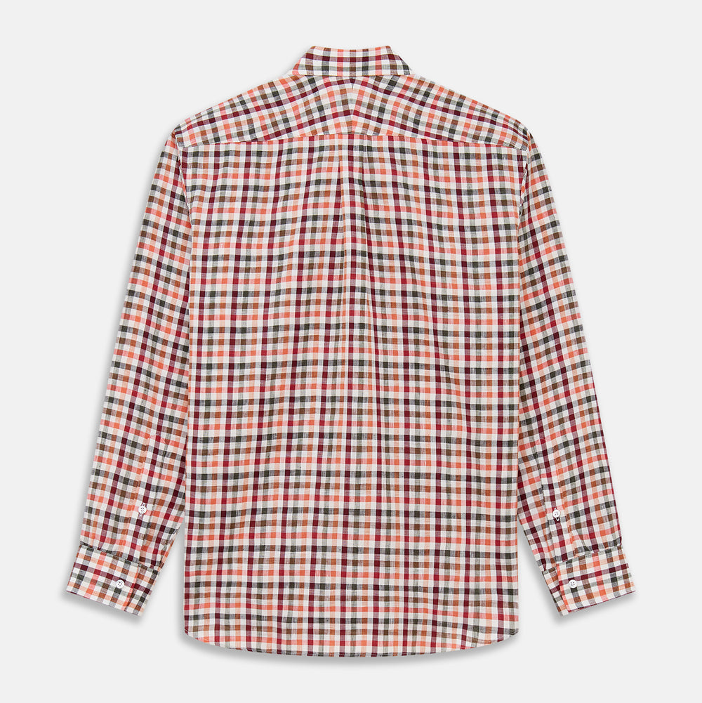 The Turnbull & Asser Red and Green Check Linen Blend Weekend Fit Hayne Shirt features a classic plaid pattern in red, white, black, and green, with a Dorset button-down collar and long sleeves. Displayed on a white background.
