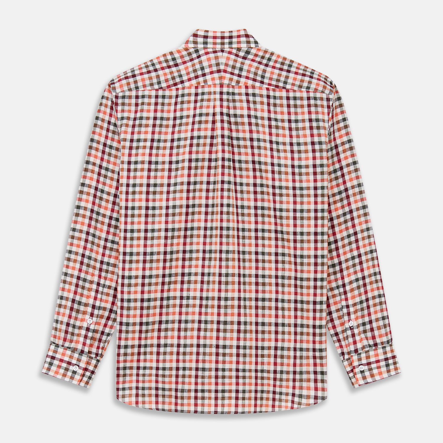View 5 of product The Turnbull & Asser Red and Green Check Linen Blend Weekend Fit Hayne Shirt features a classic plaid pattern in red, white, black, and green, with a Dorset button-down collar and long sleeves. Displayed on a white background.