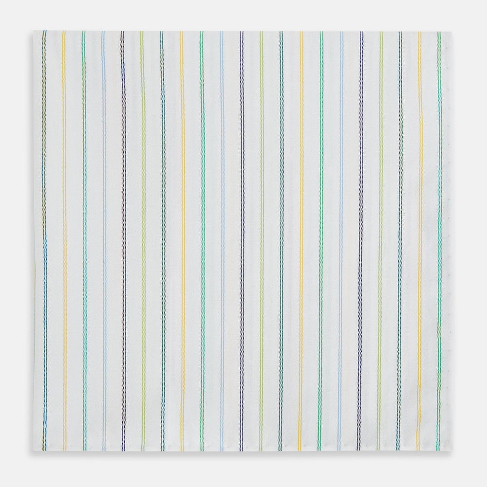 The Turnbull & Asser Yellow Multi Double Pinstripe Hand-Rolled Handkerchief features white fabric with thin blue, green, yellow, and gray stripes. Meticulously hand-rolled edges showcase the superior English craftsmanship.