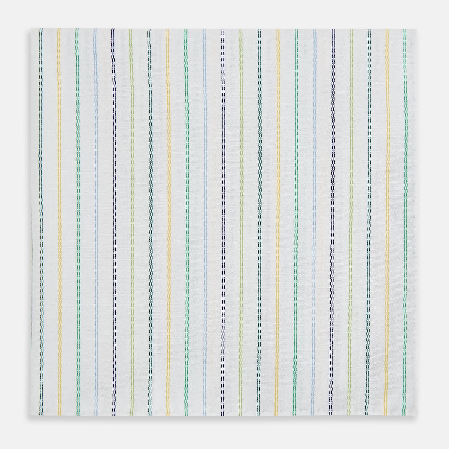 View 3 of product The Turnbull & Asser Yellow Multi Double Pinstripe Hand-Rolled Handkerchief features white fabric with thin blue, green, yellow, and gray stripes. Meticulously hand-rolled edges showcase the superior English craftsmanship.