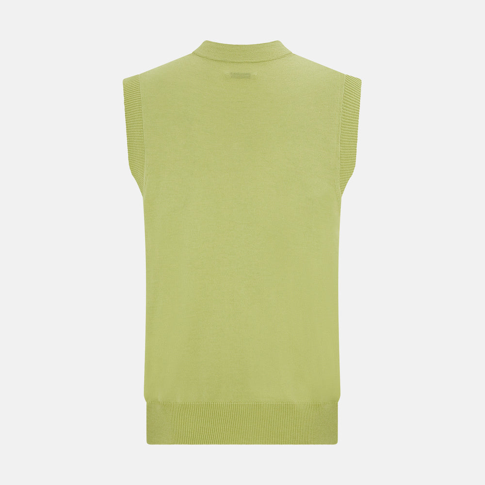 The Melon Green Fine Merino V-Neck Sleeveless Cardigan by Turnbull & Asser features a ribbed collar, five dark brown buttons, and two front pockets—adding sophisticated style to any ensemble, shown against a plain white background.