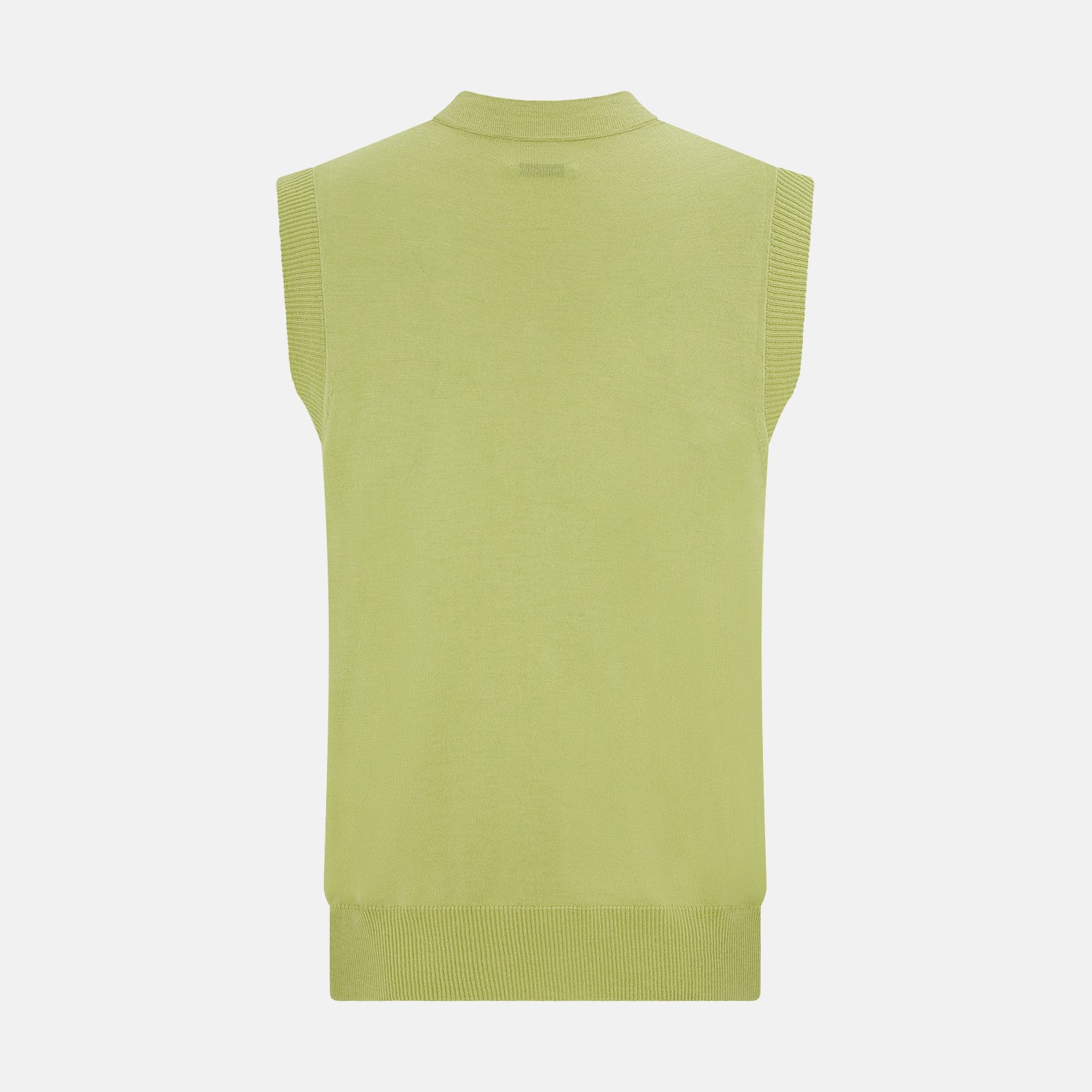 View 3 of product The Melon Green Fine Merino V-Neck Sleeveless Cardigan by Turnbull & Asser features a ribbed collar, five dark brown buttons, and two front pockets—adding sophisticated style to any ensemble, shown against a plain white background.