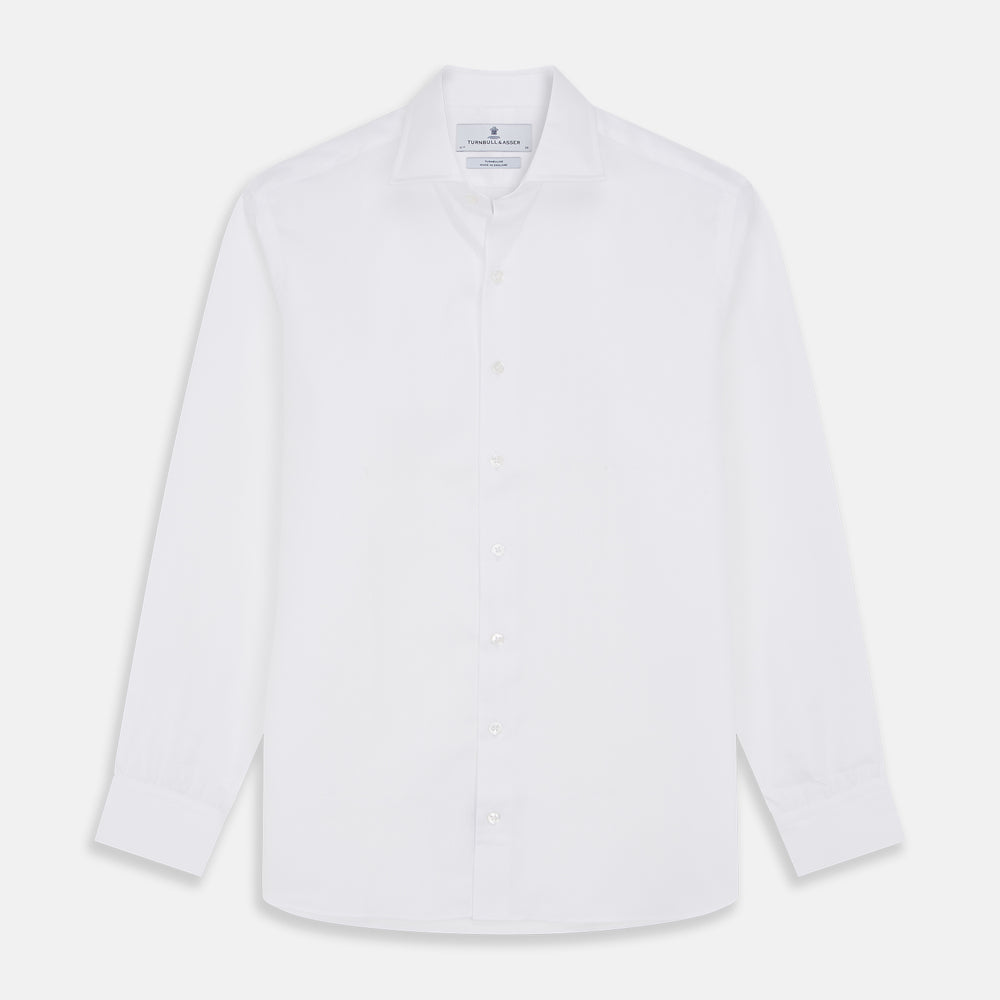 The Turnbull & Asser White Herringbone Tailored Fit Shirt with a Kent collar is displayed against a white background.