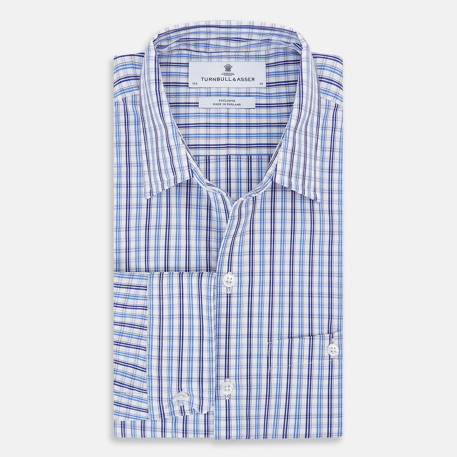 View 5 of product Turnbull & Asser's Blue and Navy Multi Check Piccadilly Shirt features long sleeves, a pointed collar, and two buttoned chest pockets, shown on a white background.