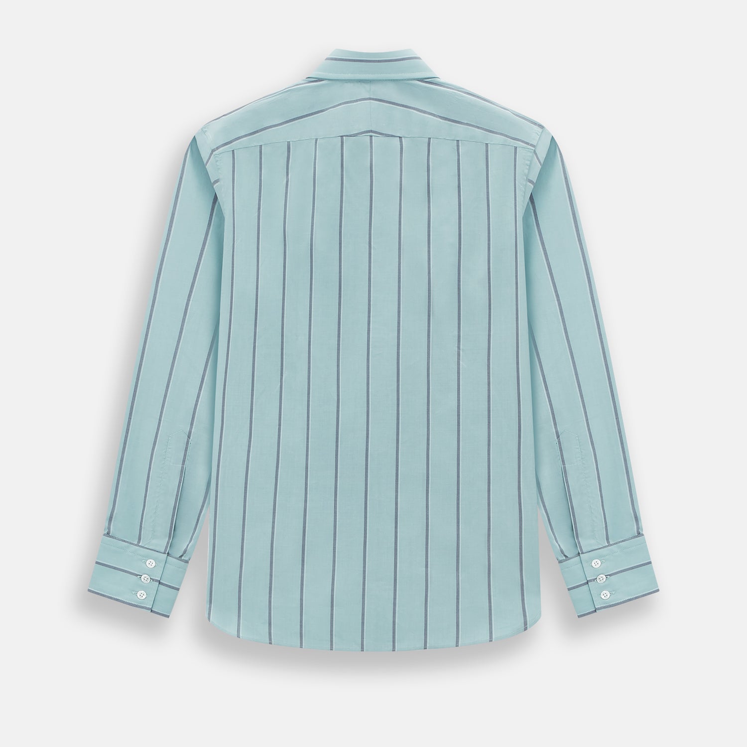 View 3 of product The Light Sage Track Stripe Westminster Shirt by Turnbull & Asser features a Turnbull collar, long sleeves, and vertical track stripes, shown on a white background.