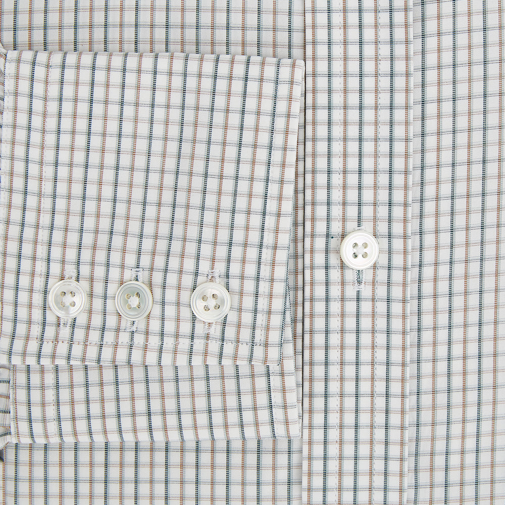 The Green and Brown Multi Check Mayfair Shirt by Turnbull & Asser, crafted from Italian cotton with a classic collar and buttoned cuffs, is laid flat on a white background.