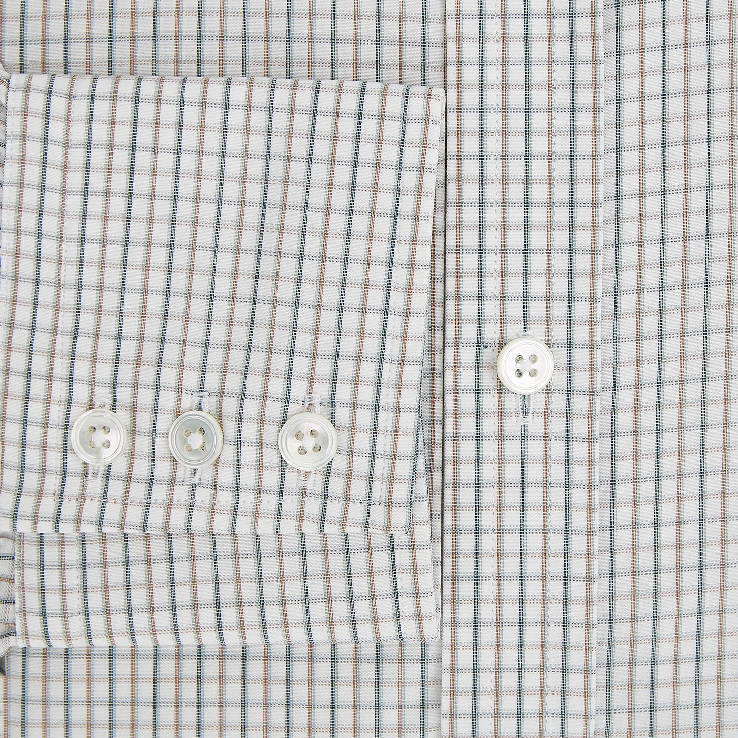 View 4 of product The Green and Brown Multi Check Mayfair Shirt by Turnbull & Asser, crafted from Italian cotton with a classic collar and buttoned cuffs, is laid flat on a white background.