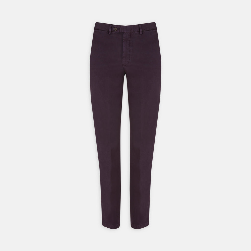 Turnbull & Asser Purple Cotton Trousers: slim-fit with button and zip closure, front and back pockets, shown on a white background.