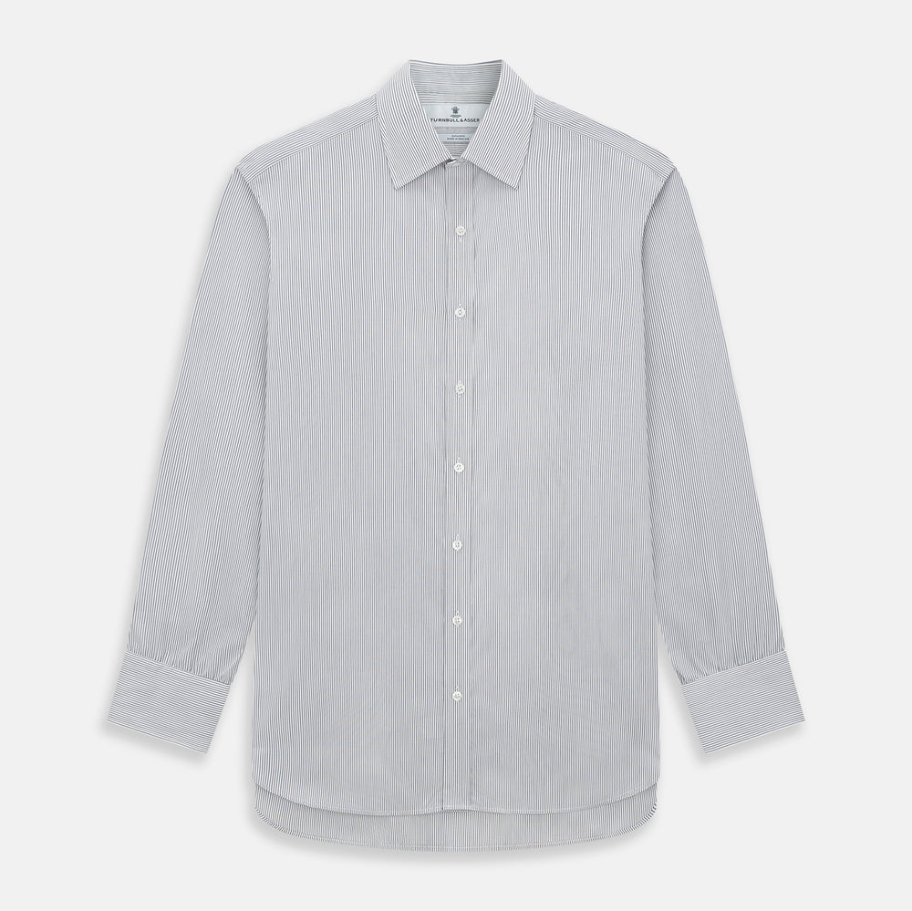 A long-sleeved Midnight Blue Fine Track Stripe Mayfair Shirt by Turnbull & Asser, featuring a T&A collar and white buttons, is laid neatly flat on a white background.