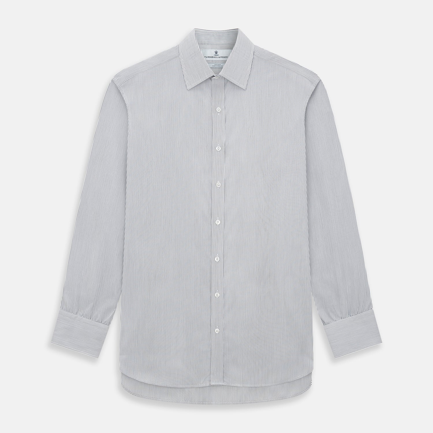 View 1 of product A long-sleeved Midnight Blue Fine Track Stripe Mayfair Shirt by Turnbull & Asser, featuring a T&A collar and white buttons, is laid neatly flat on a white background.